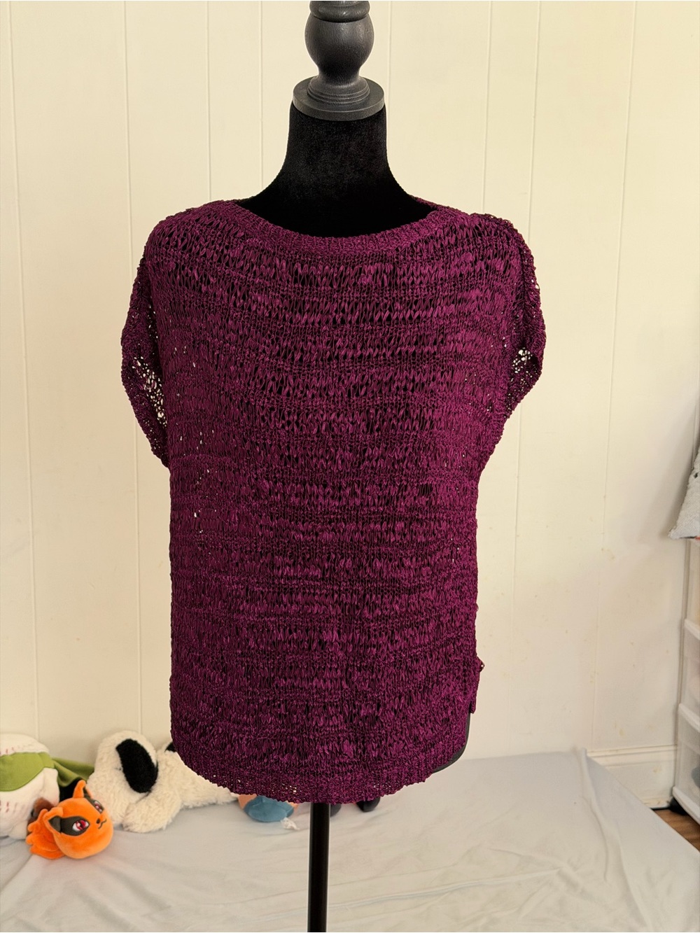 Women’s Open-Knit Short Sleeve Sweater - Plum size XS